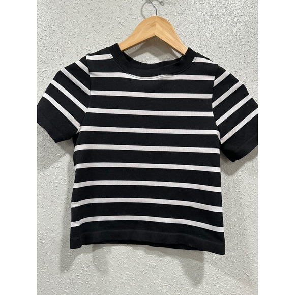 Striped Baby T-Shirt Happily Grey Black White M/L Short Sleeve Top - Picture 1 of 6